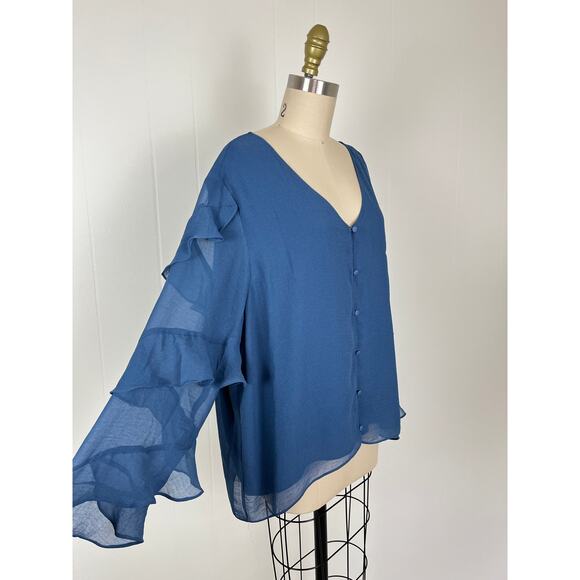 Vince Camuto Tops - Vince Camuto Blue Ruffle Sheer Sleeve Chiffon V Neck Blouse 2X XXL Plus Size
